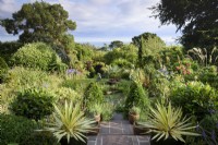 View across a sloping garden towards the sea in July