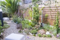 Border with Bay tree, Rosemary, Hazel, Verbenas and hydrangeas with pebbles along the edge separating it from a gravel parth