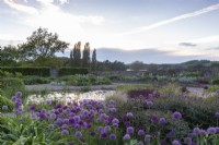 Sunrise view over the gravel - alliums and mixed planting flower beds and small pond 