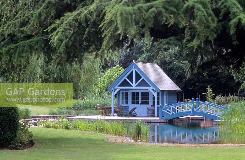 Natural swimming pool and reed filter beds in large London garden with summerhouse and bridge
