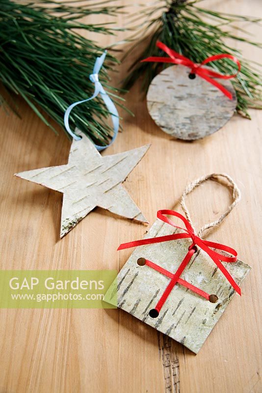 Making Christmas decorations from Silver Birch bark - 9. Finished decorations - a star, a bauble and a gift
