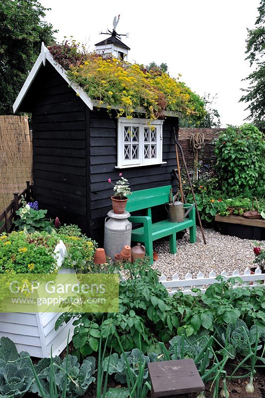 Garden potting shed with living roof and weather vane