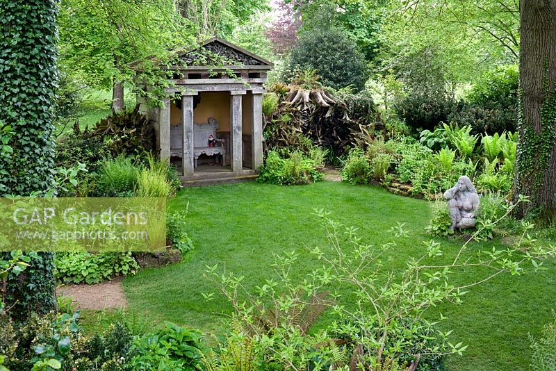 The Stumpery, Temple and 'Goddess of the Woods' statue, from the Tree House. Highgrove Garden, June 2008. 