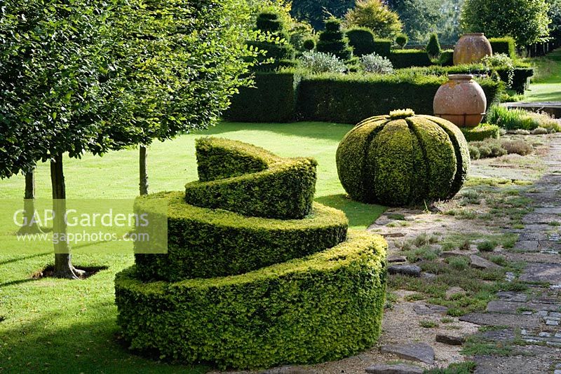 The Thyme Walk with Golden Yew Topiary, Highgrove Garden, August 2007. 