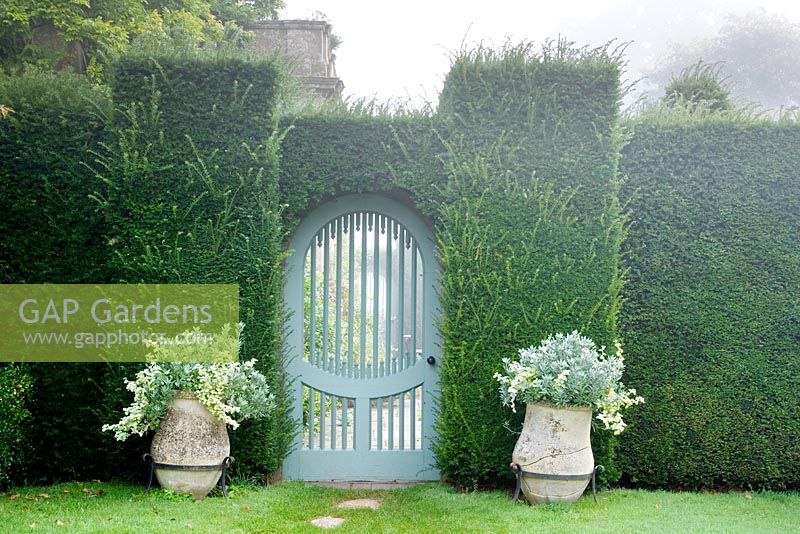 Gateway to Sundial Garden with yew hedge and two planted pots. Highgrove Garden October 2007. 