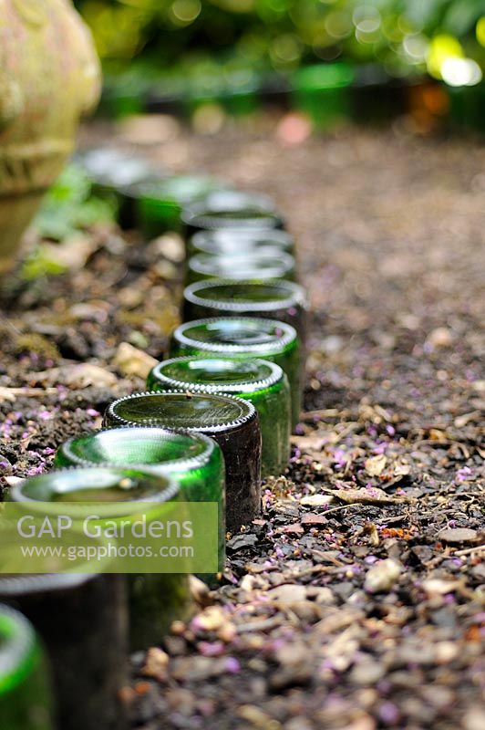Bottles used as path edging feature in an urban garden