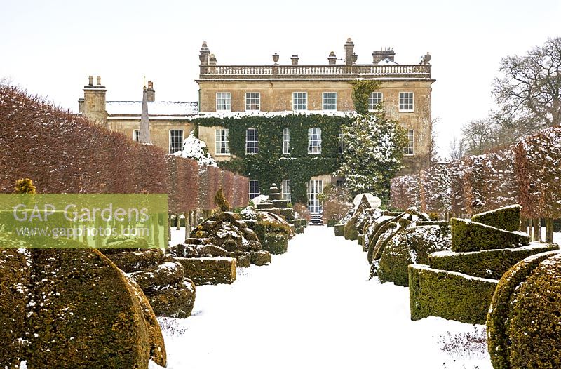 The west front view of Highgrove House and the Thyme Walk in snow. 21st January 2013. The house was built in a Georgian neo-classical design.    