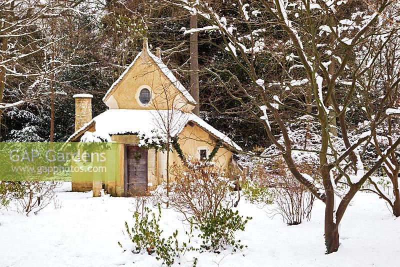 The Sanctuary covered in snow. Highgrove Garden, January 2013. It was built in 1999 to mark the Millennium and is a place of contemplation. Devised by Professor Keith Critchlow of the Prince's school of Tradtional Arts and Crafts and created from a design by Charles Morris. It is made entirely of natural materials.