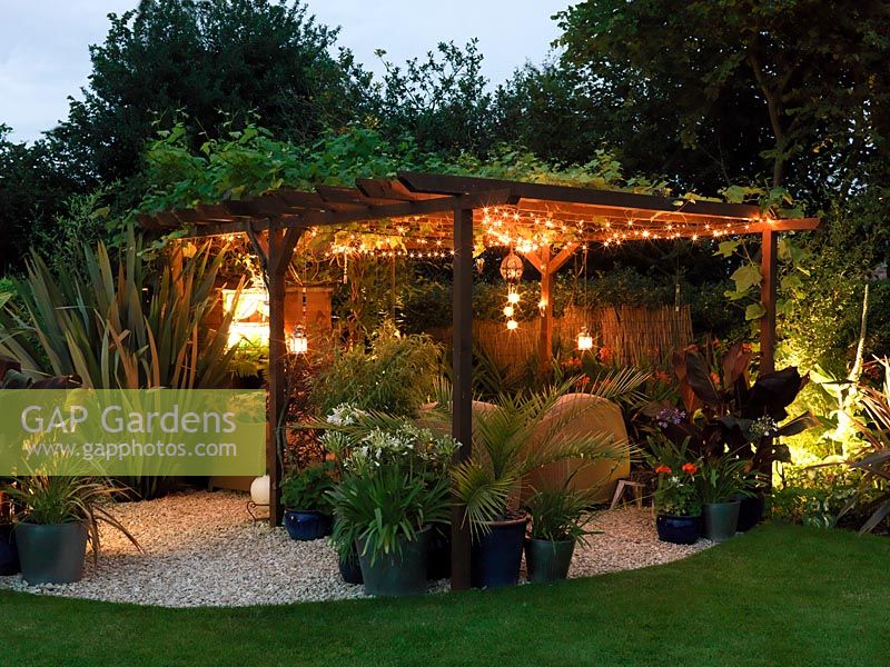 Night view of pergola seating area, flanked by phormium. Vine on pergola supporting hanging lanterns and rope lights. Pots of agapanthus, bamboo, acer, fern, canna, palm, geranium.