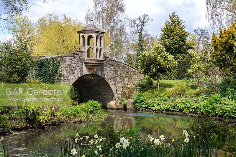 The Watch Tower and stone bridge over the Water Garden, edged by Gunnera and Iris.