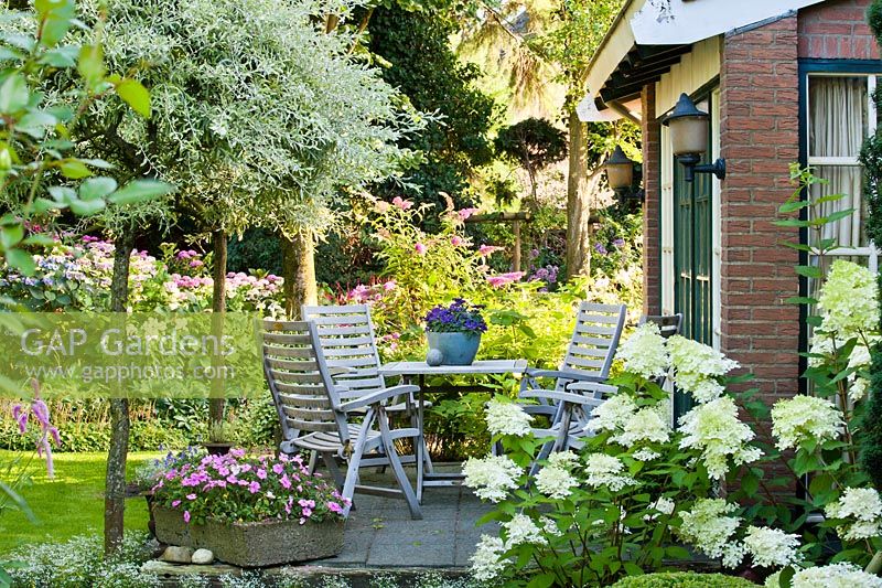 Relaxing area on a patio. Hydrangea paniculata Phantom, Salix. Design: Laura Dingemans