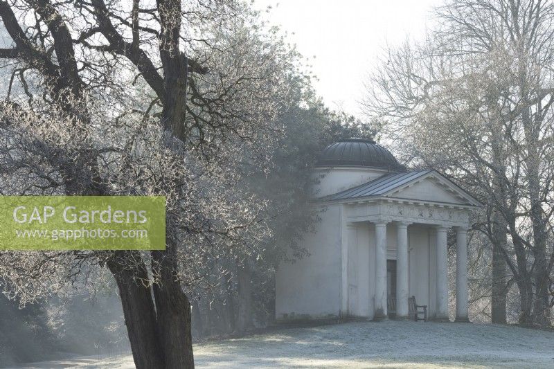 Frost covered trees around the Temple of Bellona in Kew Gardens.