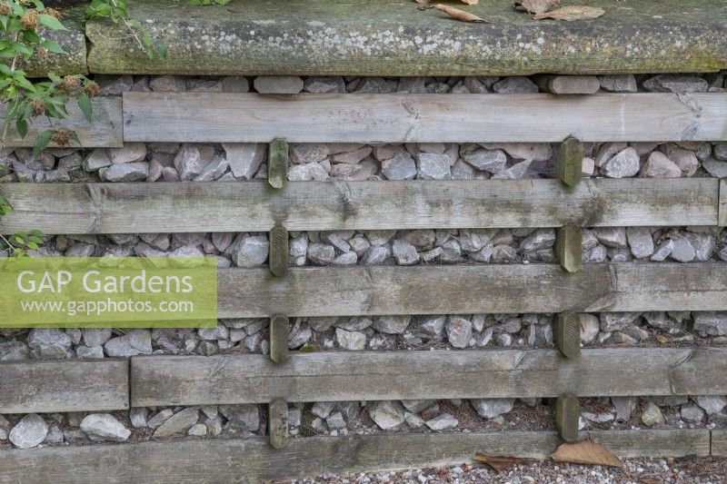 Wooden slatted retaining wall at Ness Botanic Garden, Liverpool, September