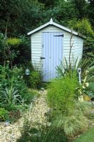 Gravel path leading to painted shed in seaside themed garden with Yuccas and phormium. Decorative use of painted spades.