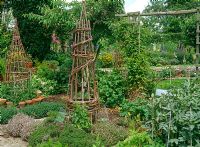 Decorative vegetable garden with willow obelisks, broad beans, Chenopodium bonushenricus- Good King Henry, Thymus, and Phaseolus coccineus 