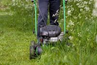 Mowing with a rotary mulching mower.