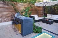 Modern garden with barbecue, built in lighting and dining area 

