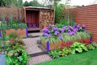 Raised beds in low maintenance garden with solar panels on the roof of reclaimed timber shelter, and raised bed with Hydrangea 'Teller Blue' and Carex 'Evergold' - RHS Tatton Park Flower Show 2011 