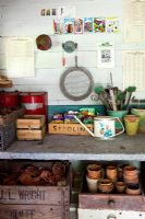 Old potting shed with seed boxes, pots and seed pakets - Trevoole Farm, Cornwall.