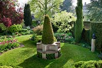 The Cottage Garden with stone seat encircling a topiarized English Yew, Highgrove Garden, May 2009. 