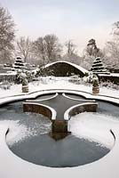 Mediterranean garden and lilly pool in snow, Highrove Garden, January 2010. 