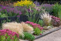 View of border planted with sedums and grasses with purple asters behind black picket fence. The Library Display Garden and Aster novae-angliae National Collection at Avondale Nursery, Baginton, near Coventry. September, Autumn.