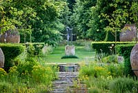 View of the bronze gladiator statue from The Lily Pool Garden, Highgrove July 2013.