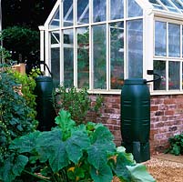 Greenhouse with green plastic water butts to catch rainwater from the roof.