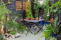 A decked dining area surrounded by painted sheds and containers planted with Datura, Strelitzia, Passiflora 