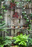 Ornate items on shelves. Planting of: Hedera helix, Hosta 'Sum and Substance', Pseudopanax crassifolius, Equisetum, Cycas revoluta, Crytomium falcatum and wooden wall. Lucille Lewins small court yard garden in Chiltern street studios, London. Designed by Adam Woolcott and Jonathan Smith