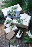 Lots of presents wrapped with brown and white paper and fastened with string, with gift tags and string.  Decorated with fir tree, yew tree and silvery foliage