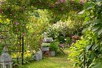 View through trellis garden divider with Rosa 'Veilchenblau' - rambling rose - to a collection of vintage metal containers and watering cans
