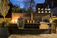 Illuminated outdoor kitchen with BBQ and containers with small trees including Olea europaea at night. 