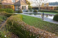 Contemporary garden with pond and box hedging topiary.