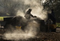 Steam rising from a pile of compost and gardeners shovelling it onto the ground at Kew Gardens, London.