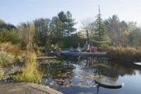 Natural swimming pool with seating area and millstone water feature.