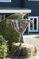 Friendly scarecrow with straw hat and blanket on straw bale in the garden. Halloween decoration.
