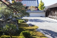 Edge of the main Zen garden of raked gravel, known as karesansui, which translates as 