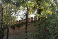 A crenellated wall with trees and foliage. Real Alcazar Palace gardens, Seville. Spain. September. 