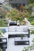 Overview of this city garden with the sitting area with multistem Parrotia persica, sun lounger and path leading to the zinc clad bulding 