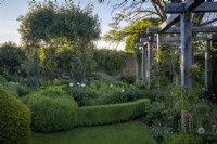 Parterre garden with Yew and Box topiary hedging, and a large wooden pergola