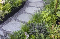 Herb bed with salvia, lemon balm and chives along stone and gravel pathway