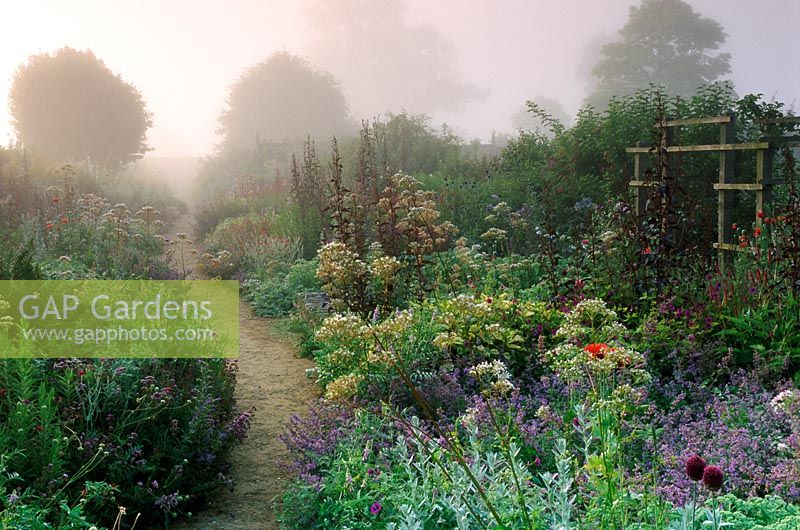 Double herbaceous borders at Parham in Sussex. Valeriana officinalis, Artemisia, Nepeta, Papaver, Atriplex, Persicaria amplexicaule