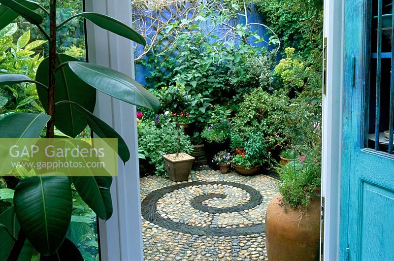Patio - circular mosaic pattern. Viev from kitchen to containers and painted blue wall. Chesham St in Brighton Sussex
