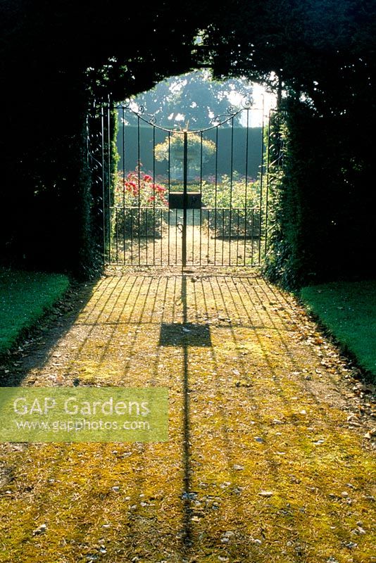 Garden gate to rose garden at Ashridge College in Hertfordshire
