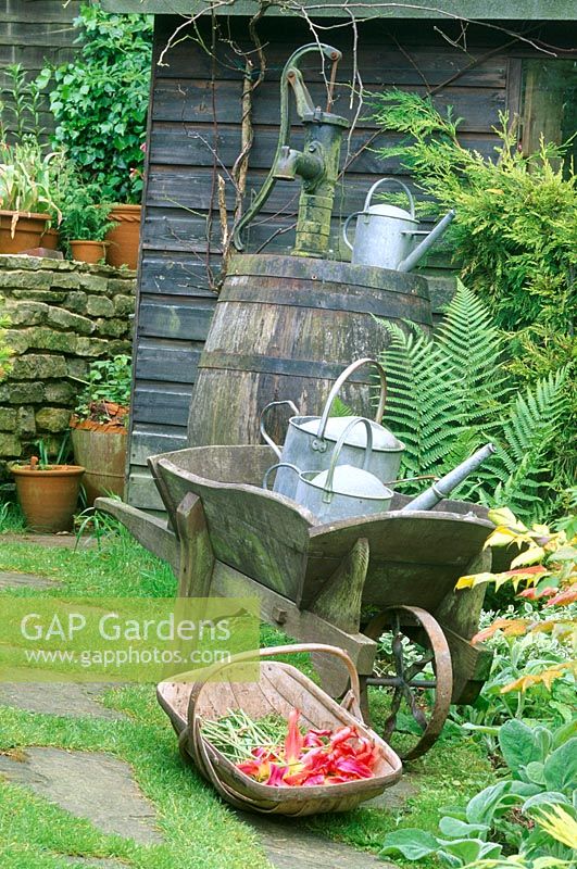 Wheelbarrow with watering cans and trug with flowers in Alan Titchmarsh's garden in Hampshire