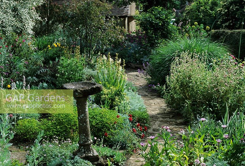 Path through cottage garden at East Lambrook Manor in East Petherton, Somerset