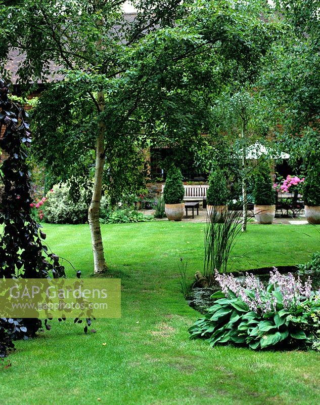 Lawn with view to patio with pots