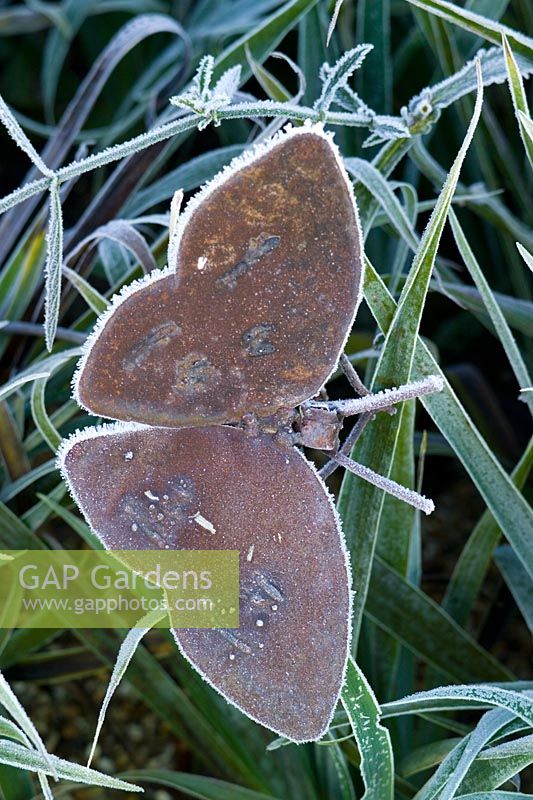Metal butterfly sculpture with frost