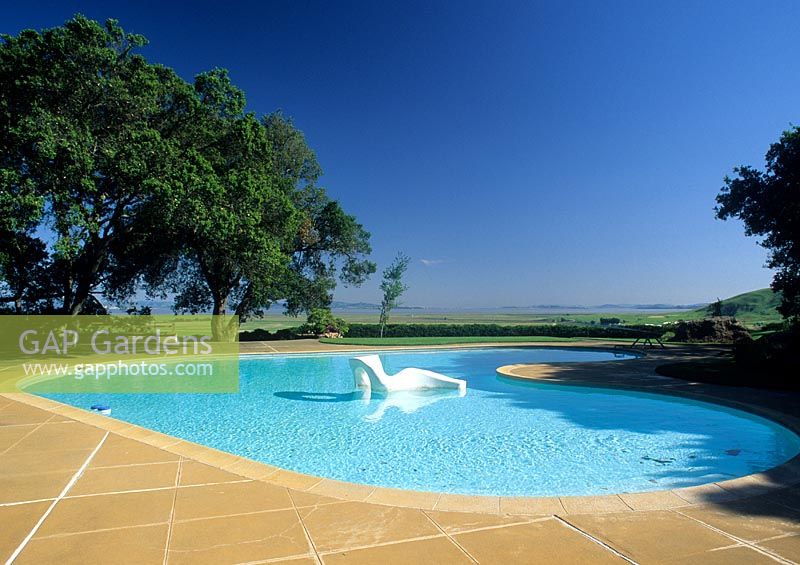 Famous kidney shaped swimming pool with sculpture and view beyond - El Novillero Sonoma, USA
